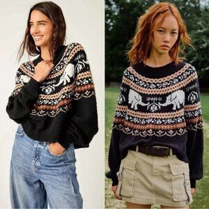 Free People Oversized boxy Nellie Fair Isle Elephant Cozy Boucle Sweater * MED